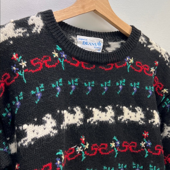 Vintage Deans Of Scotland Wool Sweater Knit Bunnies Bows Flowers Womens Small - Picture 3 of 7